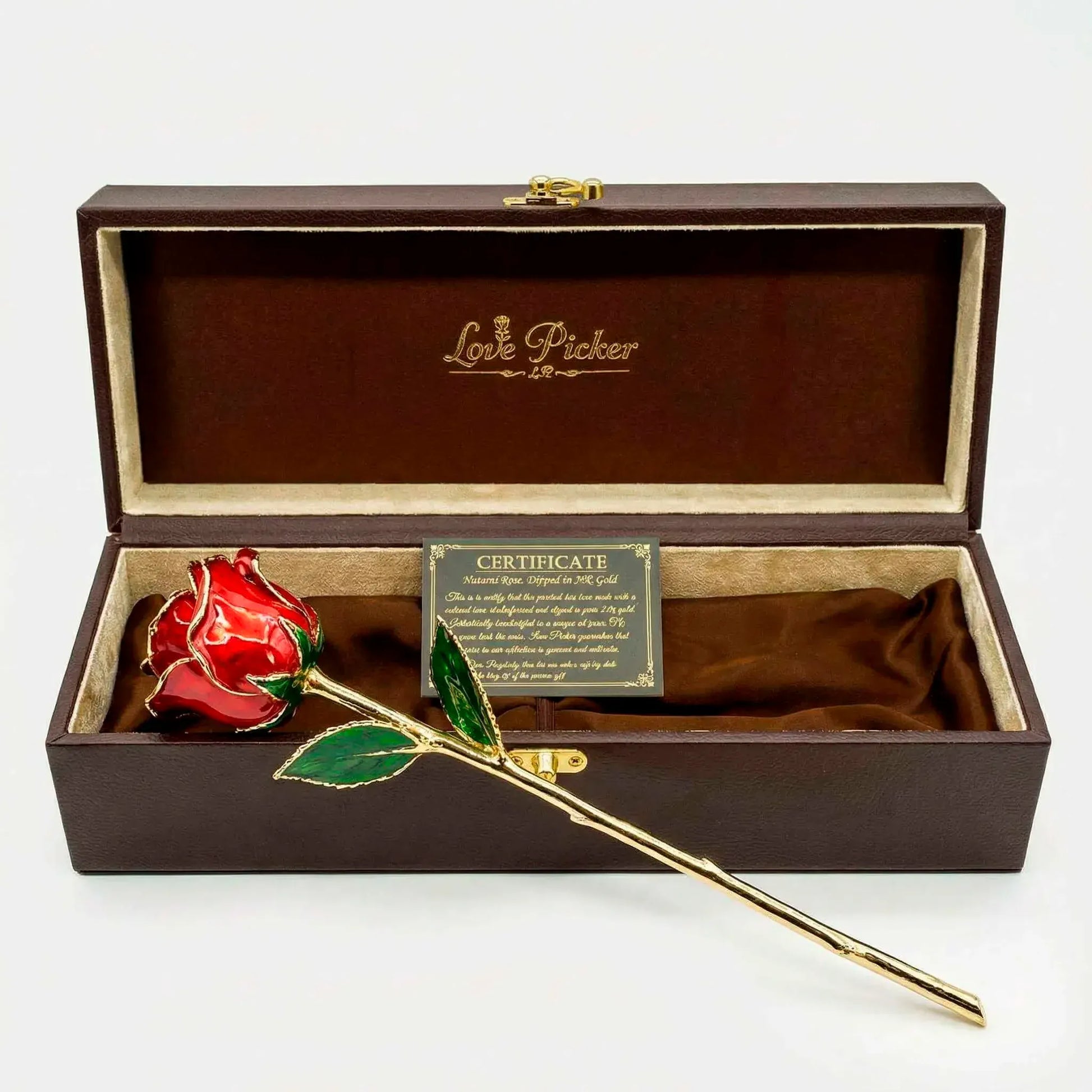 Gold-plated red rose in a wooden box with 'Love Picker' branding