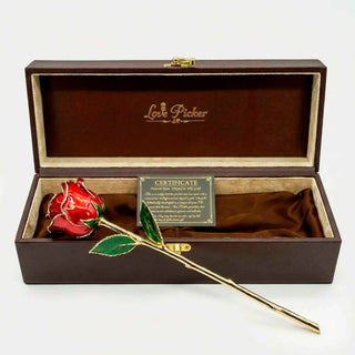 Gold-plated red rose in a wooden box with 'Love Picker' branding