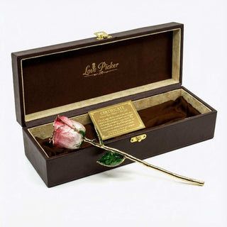 Gold-stemmed rose in a wooden box with 'Love Picker' branding