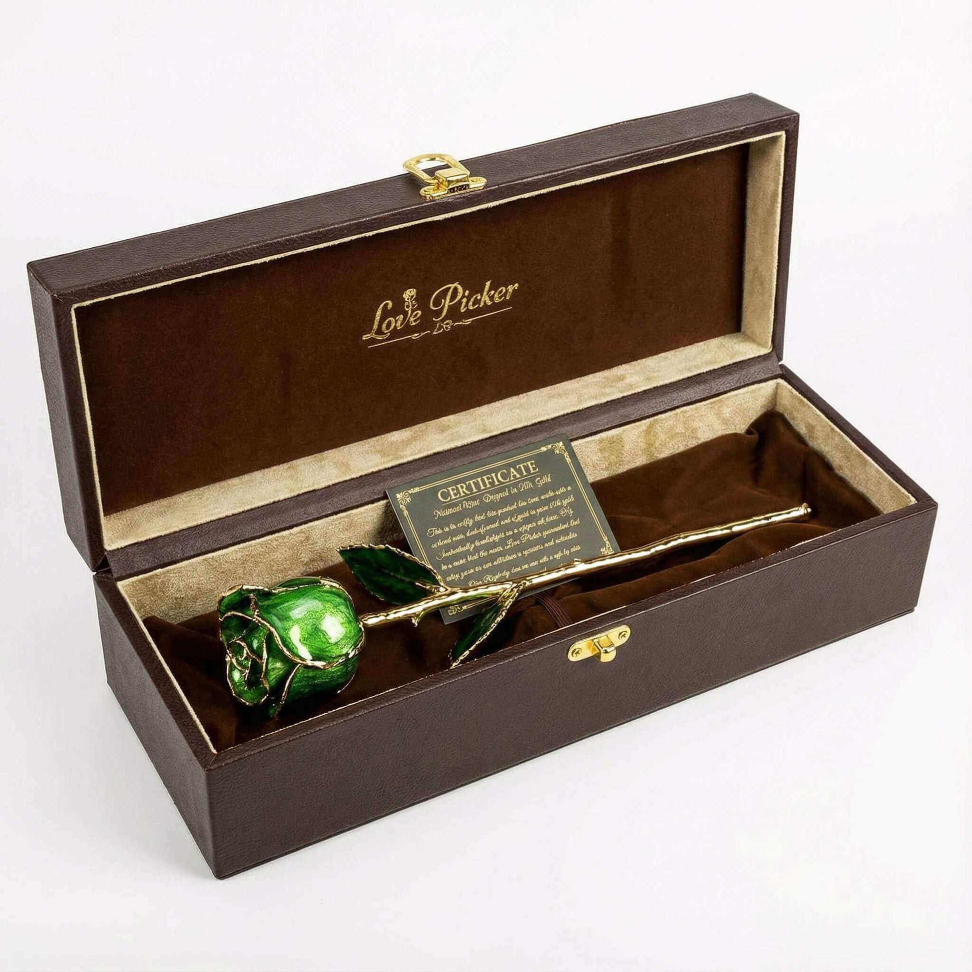 Green gold-plated rose in a brown box with 'Love Picker' branding.