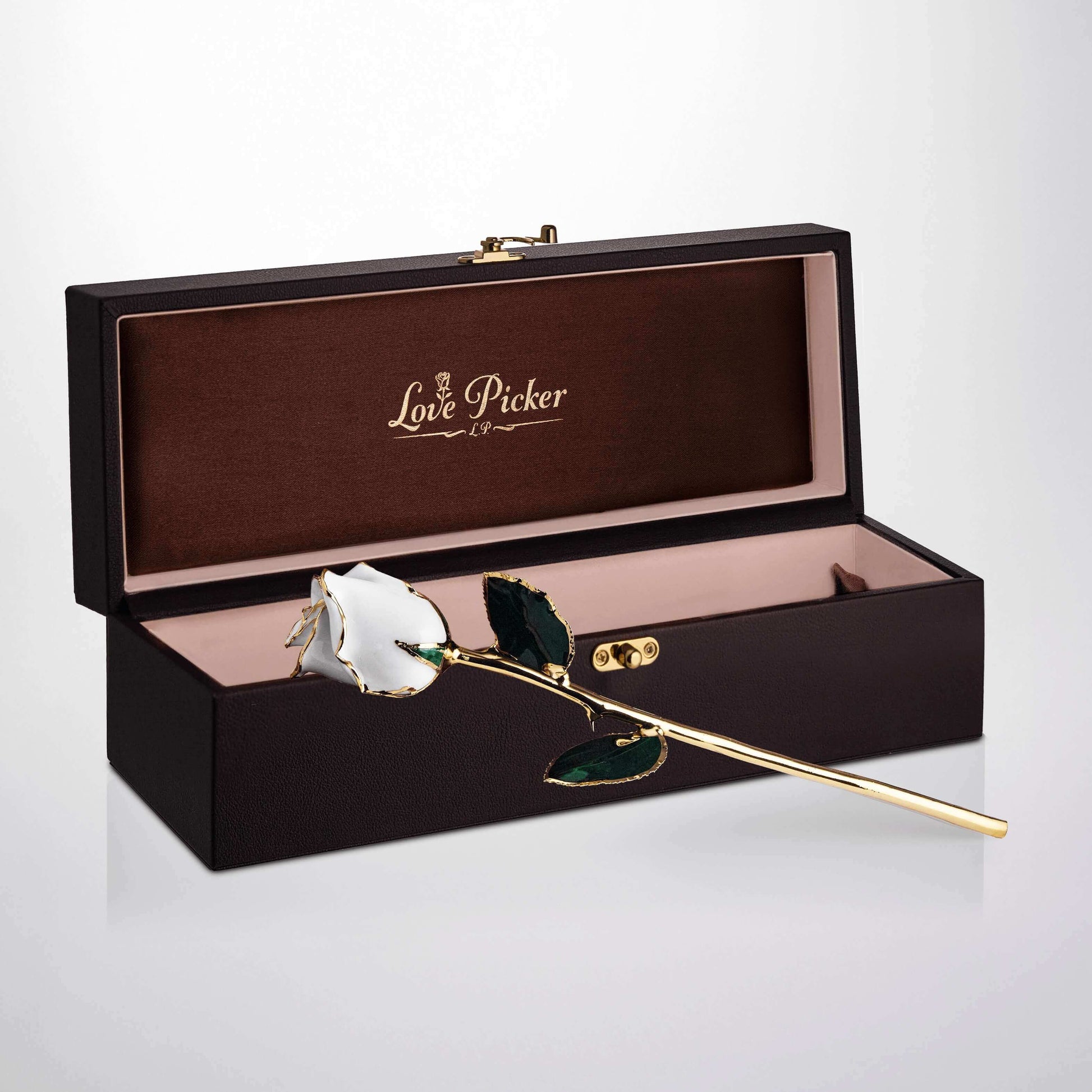 Gold rose in a 'Love Picker' box on a white background