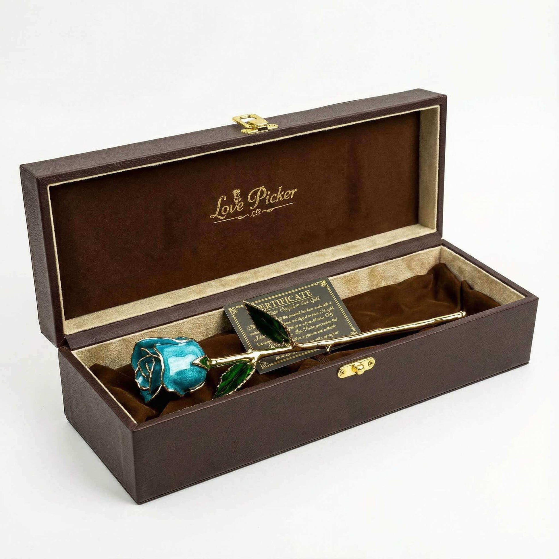 Turquoise rose in a wooden box with a certificate inside, branded 'Love Picker'.
