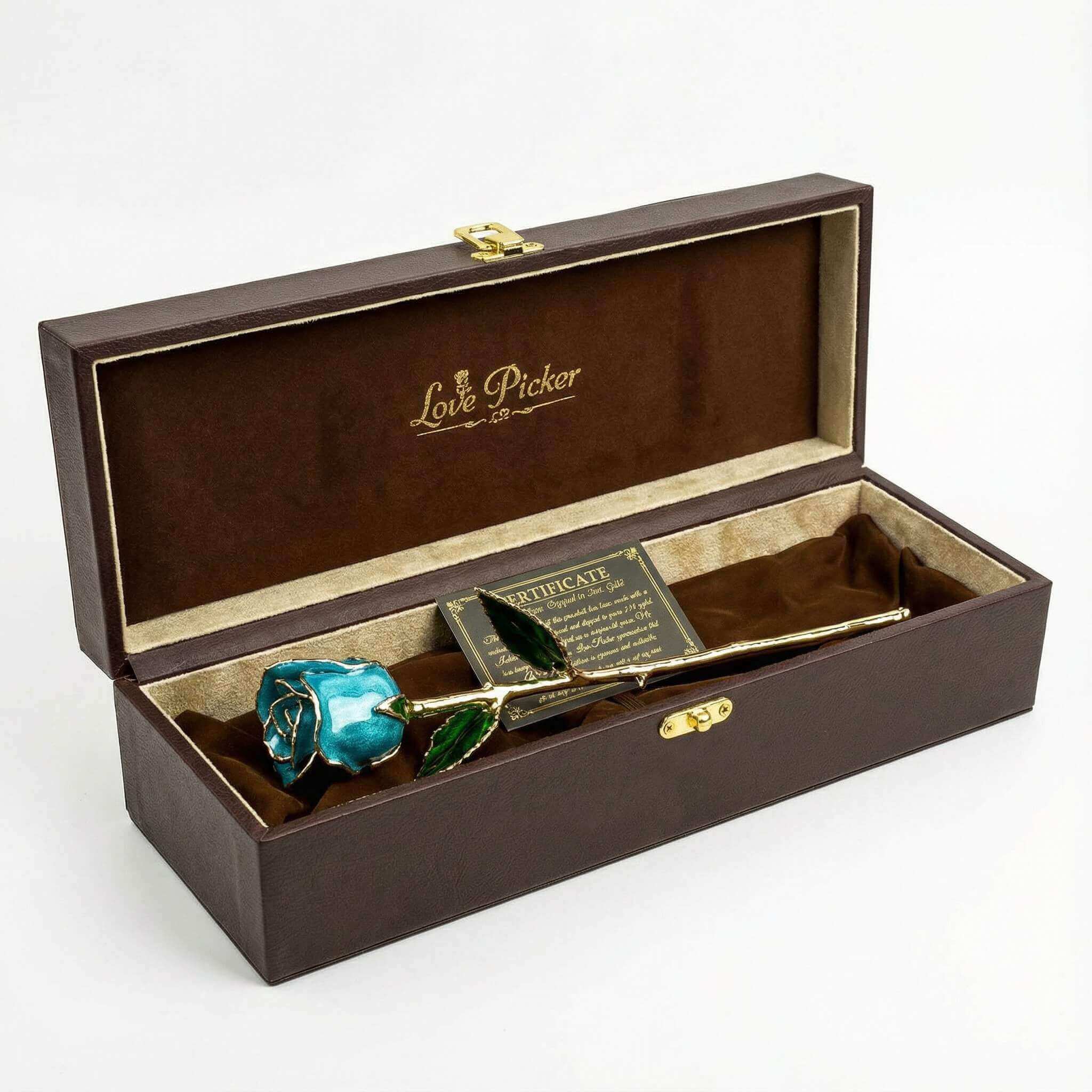 Turquoise rose in a wooden box with a certificate inside, branded 'Love Picker'.