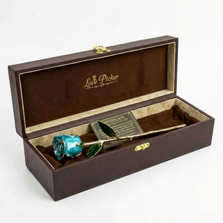 Turquoise rose in a wooden box with a certificate inside, branded 'Love Picker'.