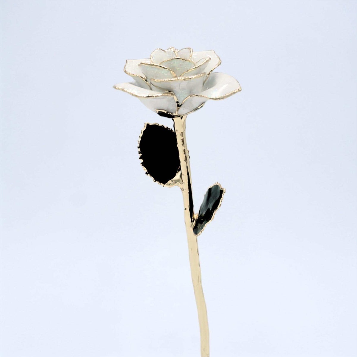 White galaxy glitter open bloom rose with 24K gold accents, full side view
