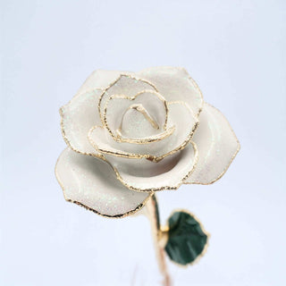 White galaxy glitter open bloom rose with 24K gold accents, close-up bloom view
