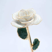 White galaxy glitter open bloom rose with 24K gold accents, half-length view