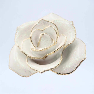 White galaxy glitter open bloom rose with 24K gold accents, close-up bloom view