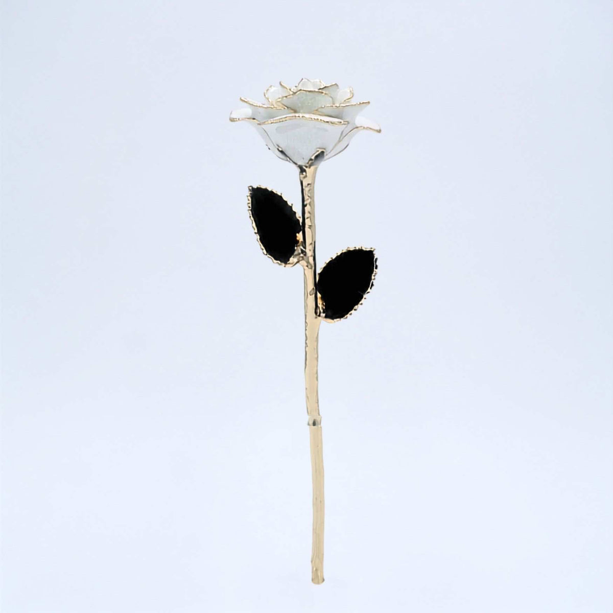 White galaxy glitter open bloom rose with 24K gold accents, full-length view