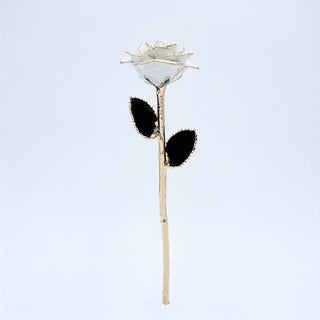 White galaxy glitter open bloom rose with 24K gold accents, full-length view