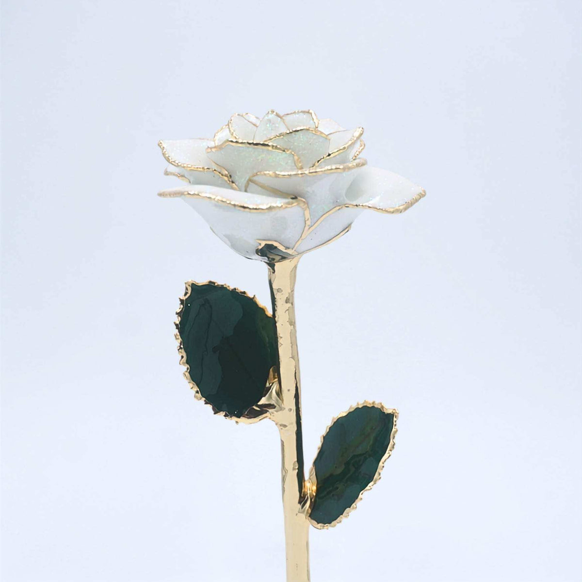 White galaxy glitter open bloom rose with 24K gold accents, angled half-length view
