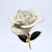 White open bloom preserved rose with 24K gold accents, angled half-length view