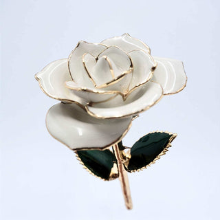 White open bloom preserved rose with 24K gold accents, angled half-length view