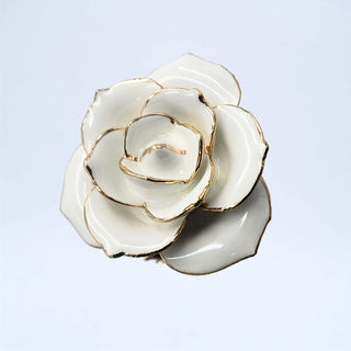 White open bloom preserved rose with 24K gold accents, close-up bloom view