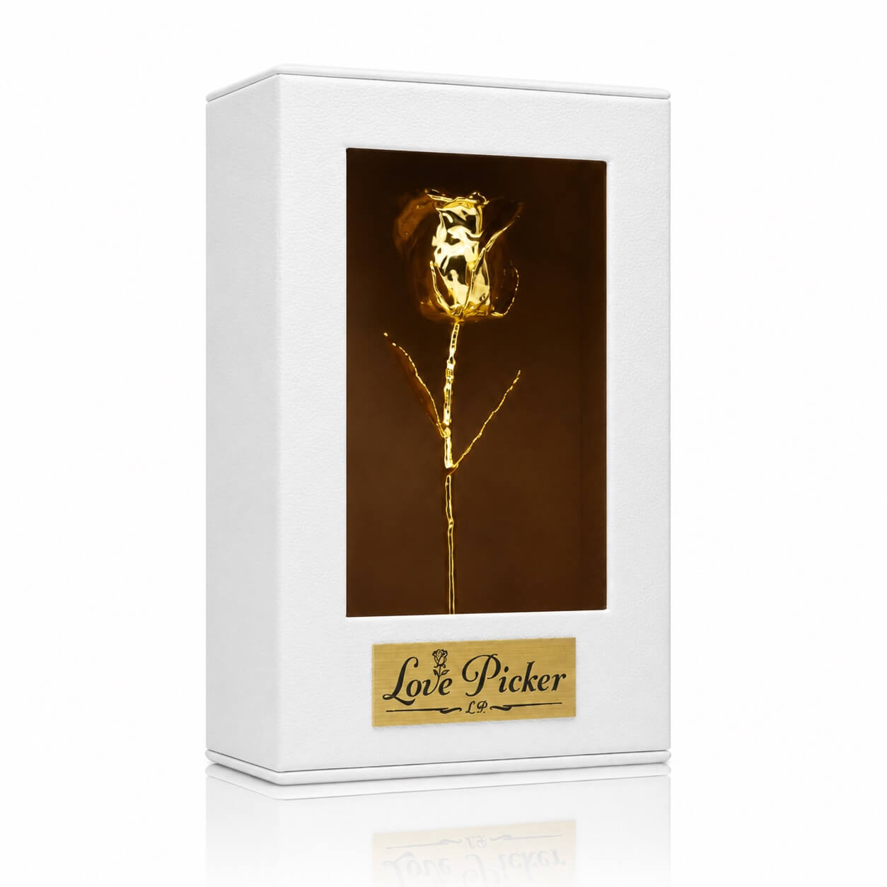 Gold rose in a white box with 'Love Picker' branding