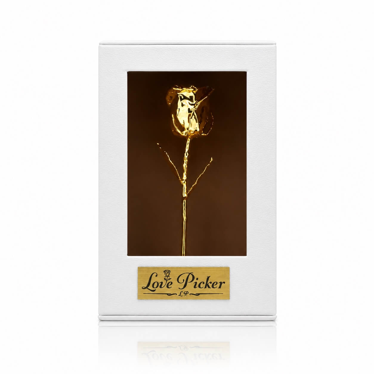 Gold rose in a white box with 'Love Picker' branding on a white background