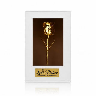 Gold rose in a white box with 'Love Picker' branding on a white background