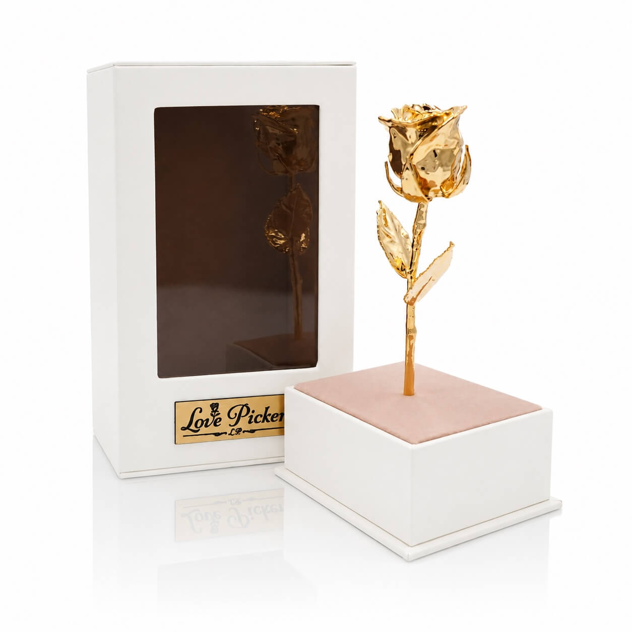 Gold rose in a white box with 'Love Picker' branding on a white background