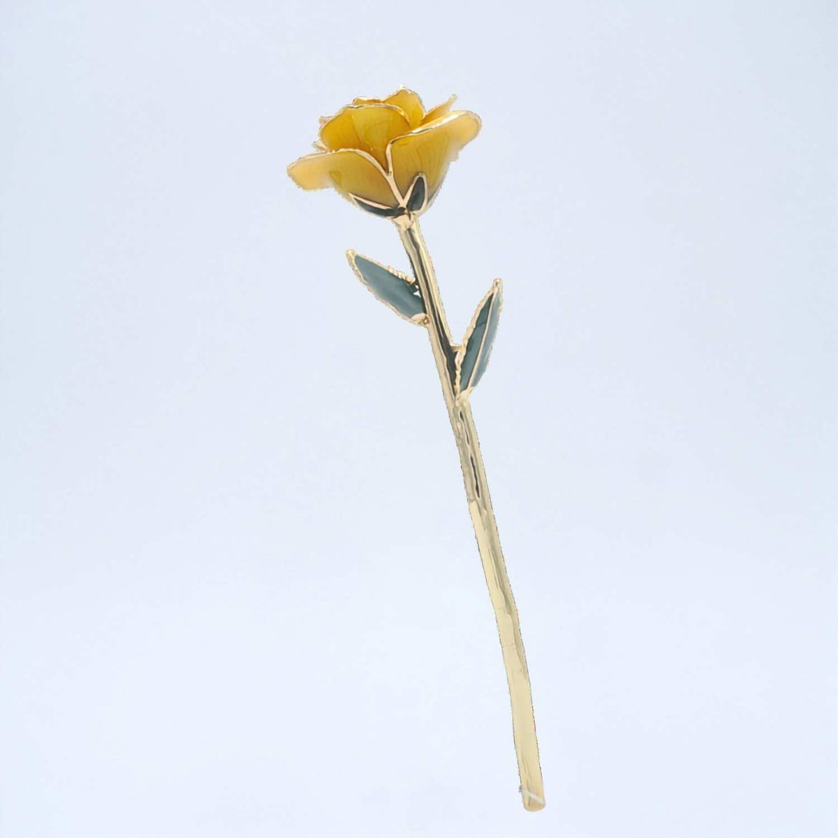 Yellow-orange open bloom preserved rose with 24K gold accents, full side view