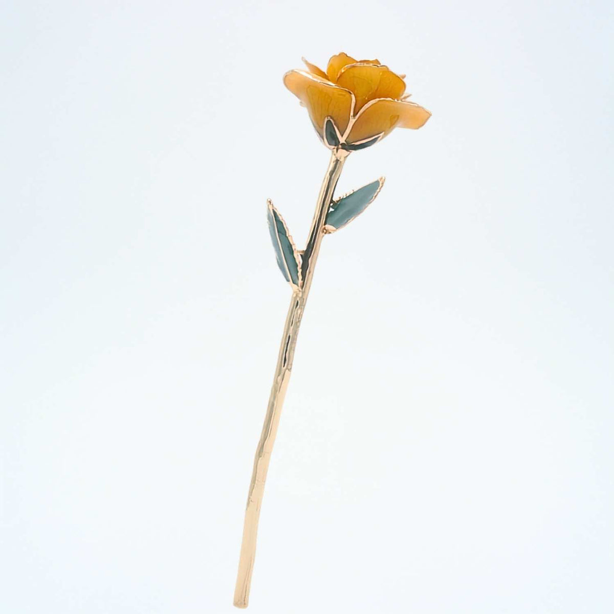 Yellow open bloom preserved rose with 24K gold accents, full side view
