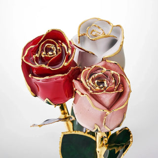 Bouquet of preserved roses in red, pink, and white, trimmed with 24K gold detailing