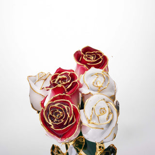 Crimson red 11.5-inch closed bud preserved rose with 24K gold accents, bloom close-up