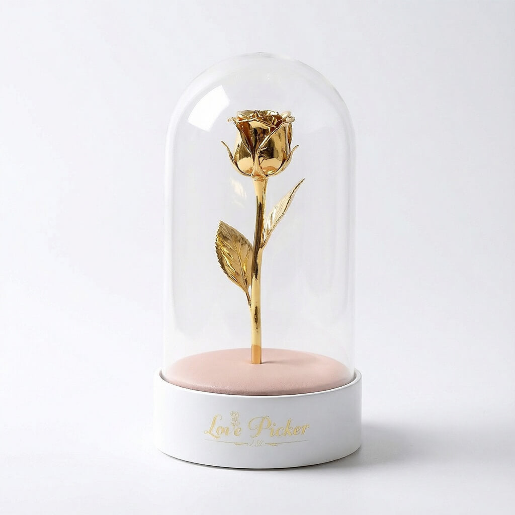 Gold rose inside a glass dome on a white base with 'Love Picker' branding.