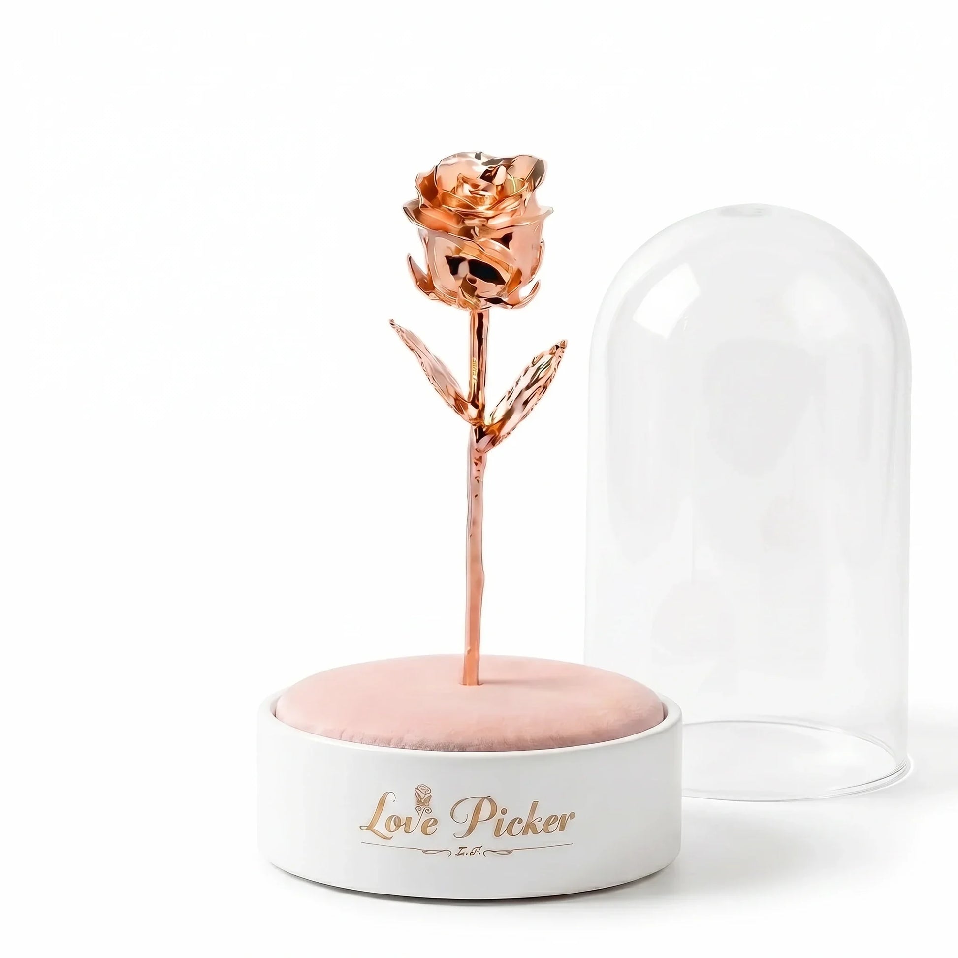 LovePicker rose gold dipped rose in white luxury box with clear dome, perfect for anniversary gifts