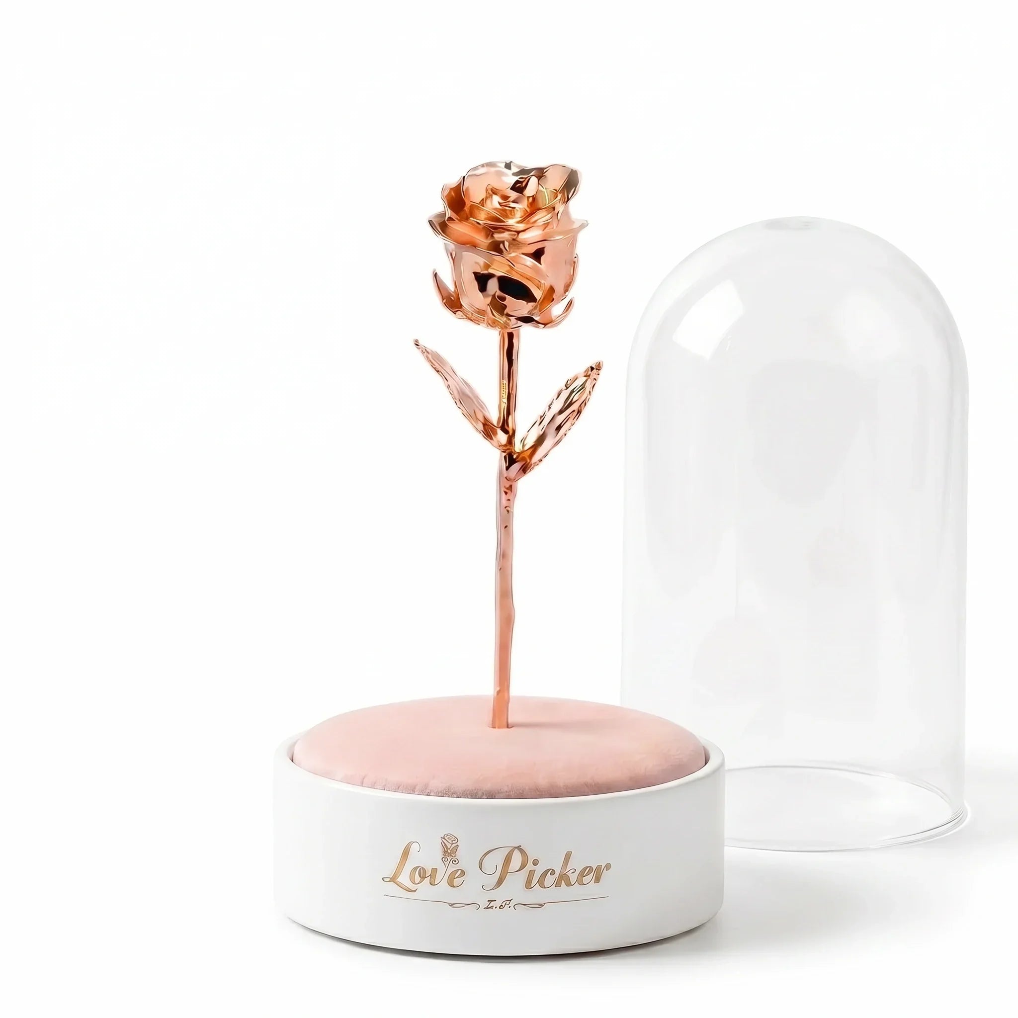 LovePicker rose gold dipped rose in white luxury box with clear dome, perfect for anniversary gifts