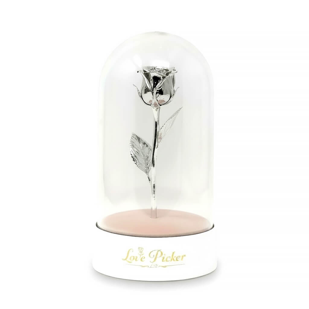 Silver rose in a glass dome on a white background with 'Love Picker' branding.
