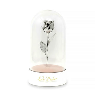 Silver rose in a glass dome on a white background with 'Love Picker' branding.