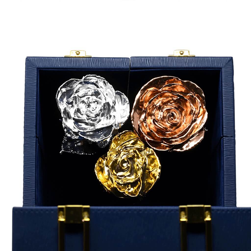 Three metallic rose-shaped objects in silver, gold, and bronze on a black background with a blue box.