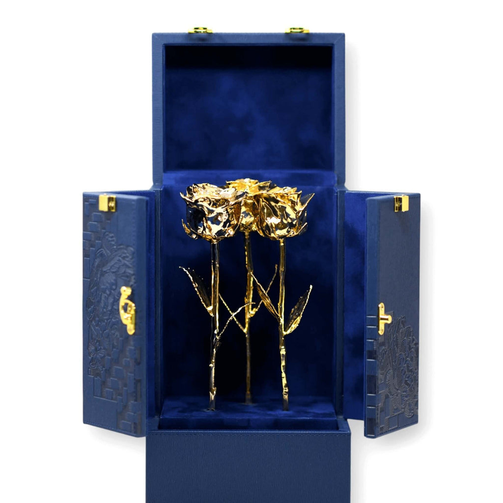 DaVinci blue reveal box with three preserved 24K roses in mixed finishes