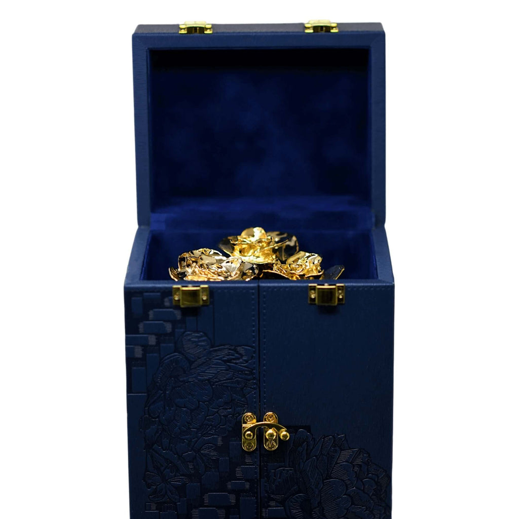 DaVinci blue velvet display box with three preserved 24K gold roses