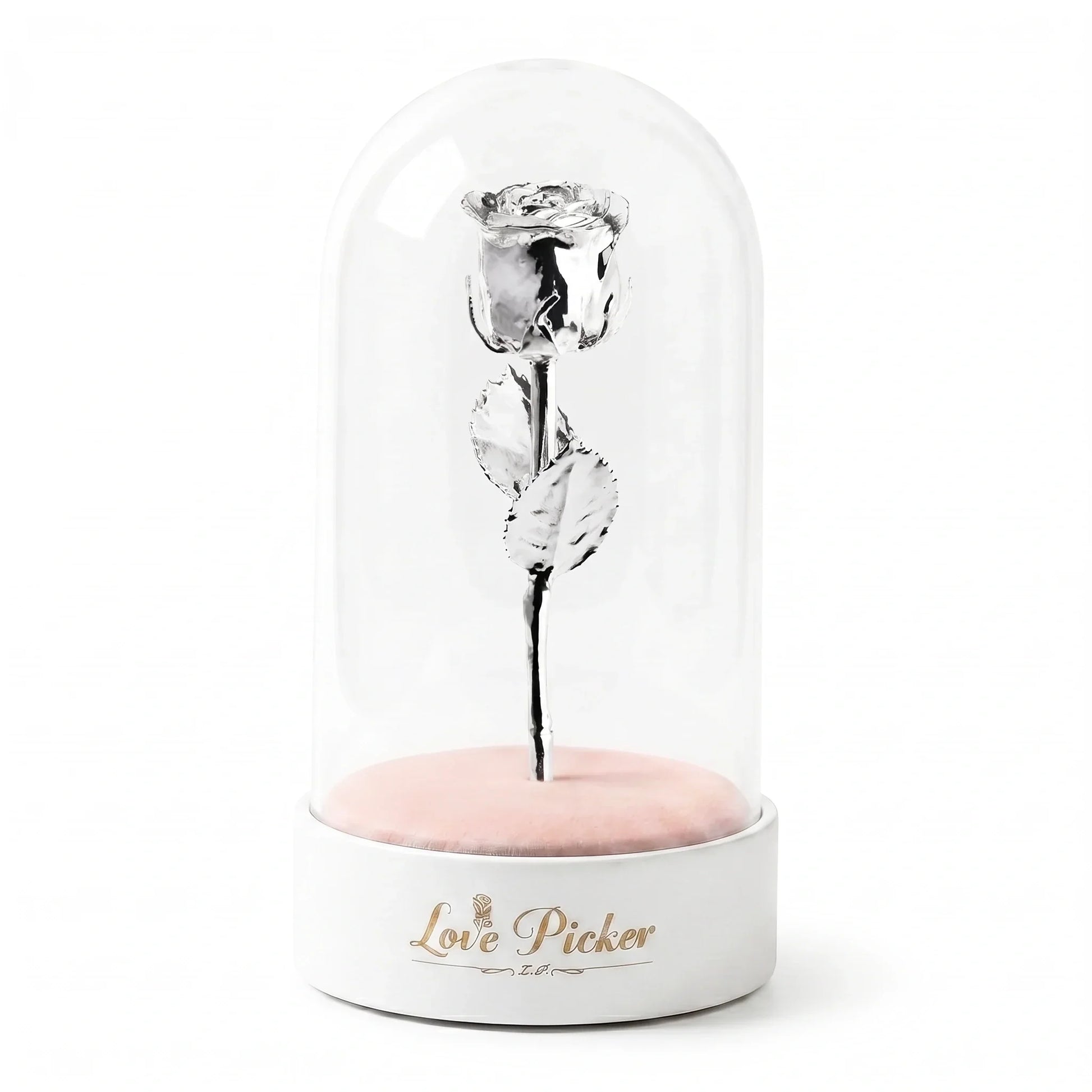 Silver 24K gold dipped rose in clear dome with blush velvet base, LovePicker engraved — perfect for romantic gifts