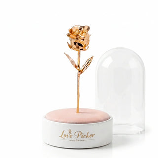 Gold rose inside a glass dome on a white background
