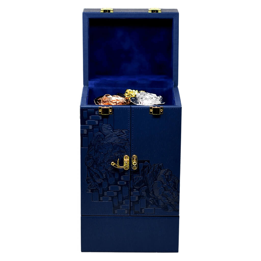 DaVinci blue velvet display box with three preserved 24K gold silver and rose-gold roses