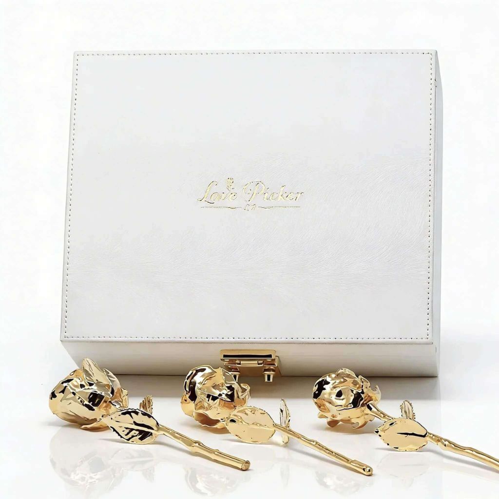 White luxury vegan leather gift box with 3 gold roses on a white background, with branding lovepicker