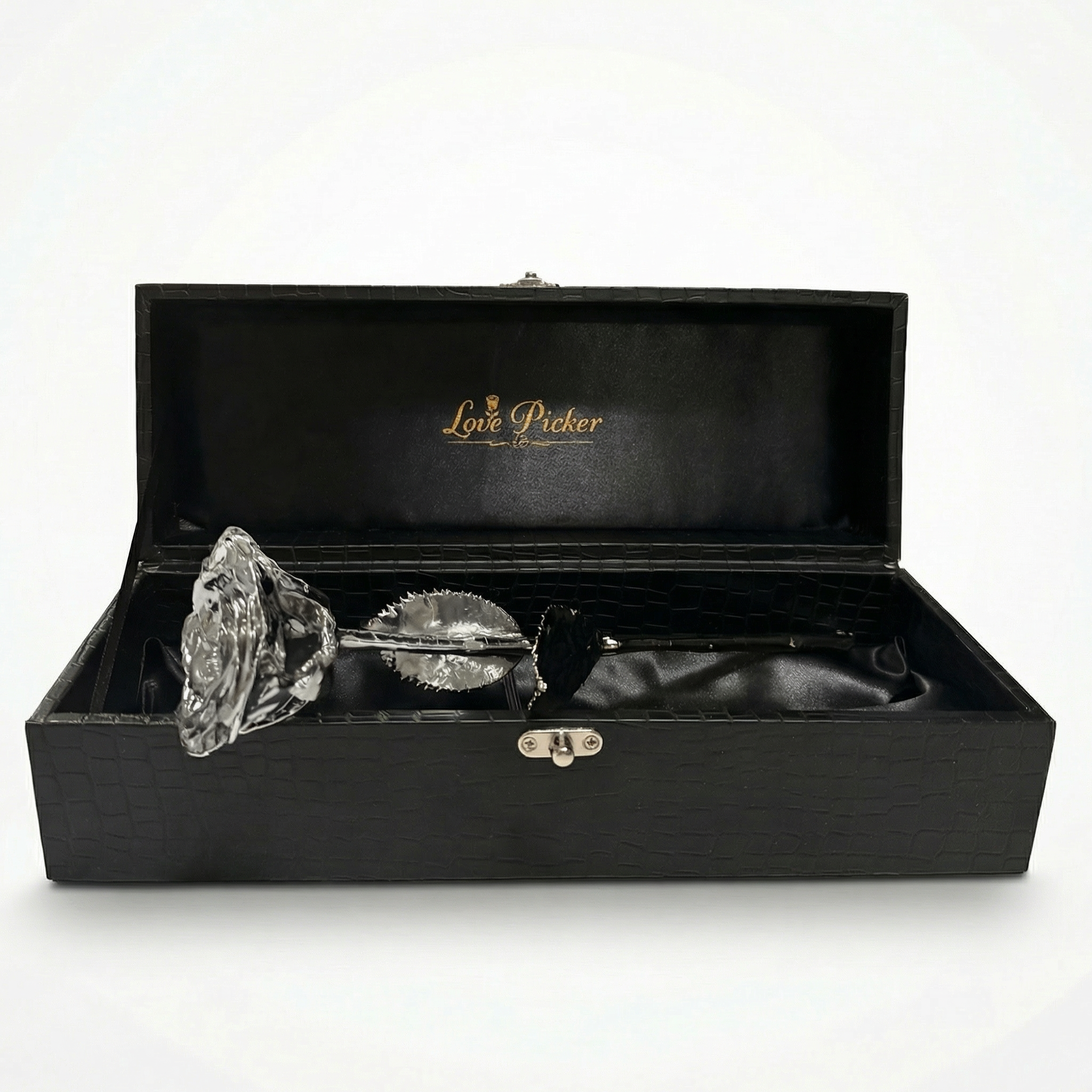 صندوق هدايا فاخر أسود - صندوق منقوش مخصص - وردة مغطاة بالفضة/البلاتين مقاس 11.5 بوصة