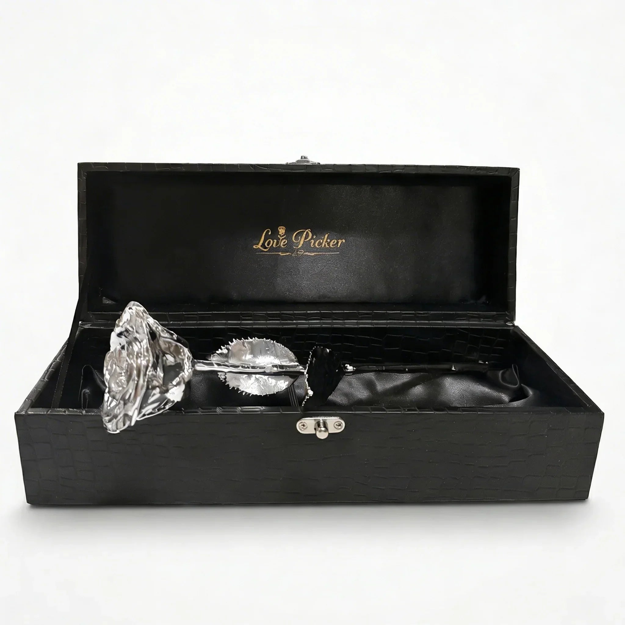 Silver preserved rose in luxury black gift box with satin lining, elegant anniversary gift