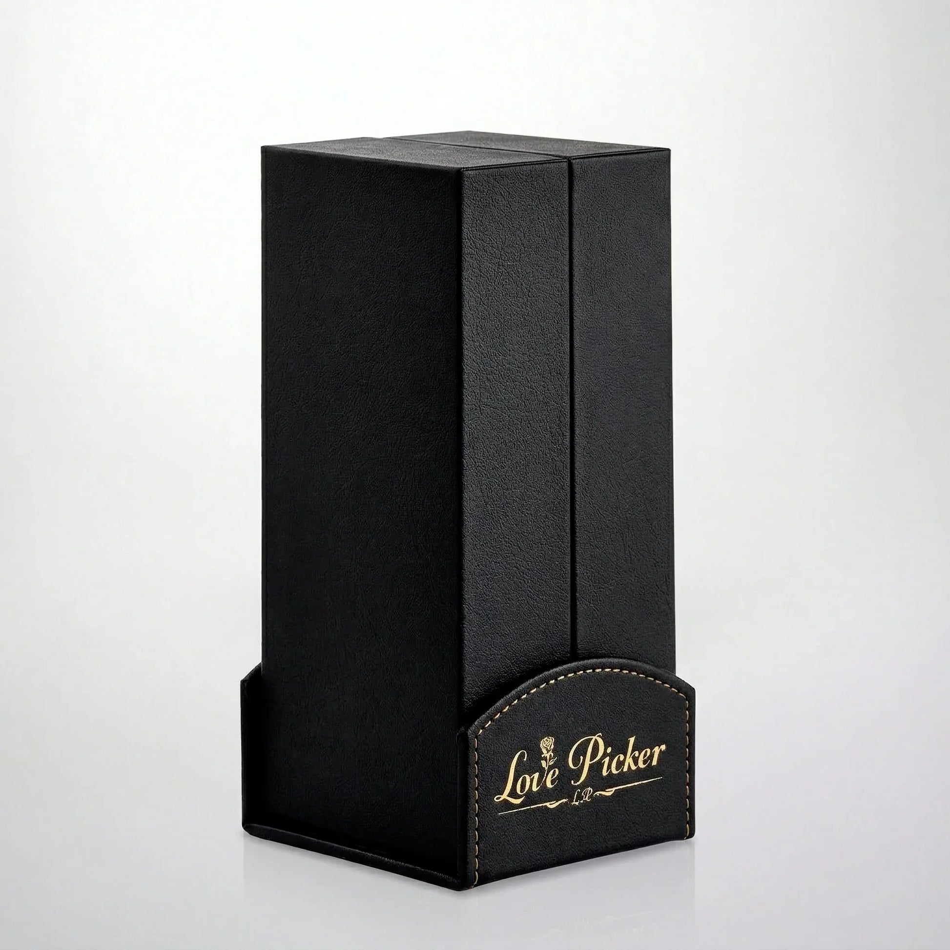 Elegant black gift box with gold Love Picker logo, perfect for preserved rose gifts