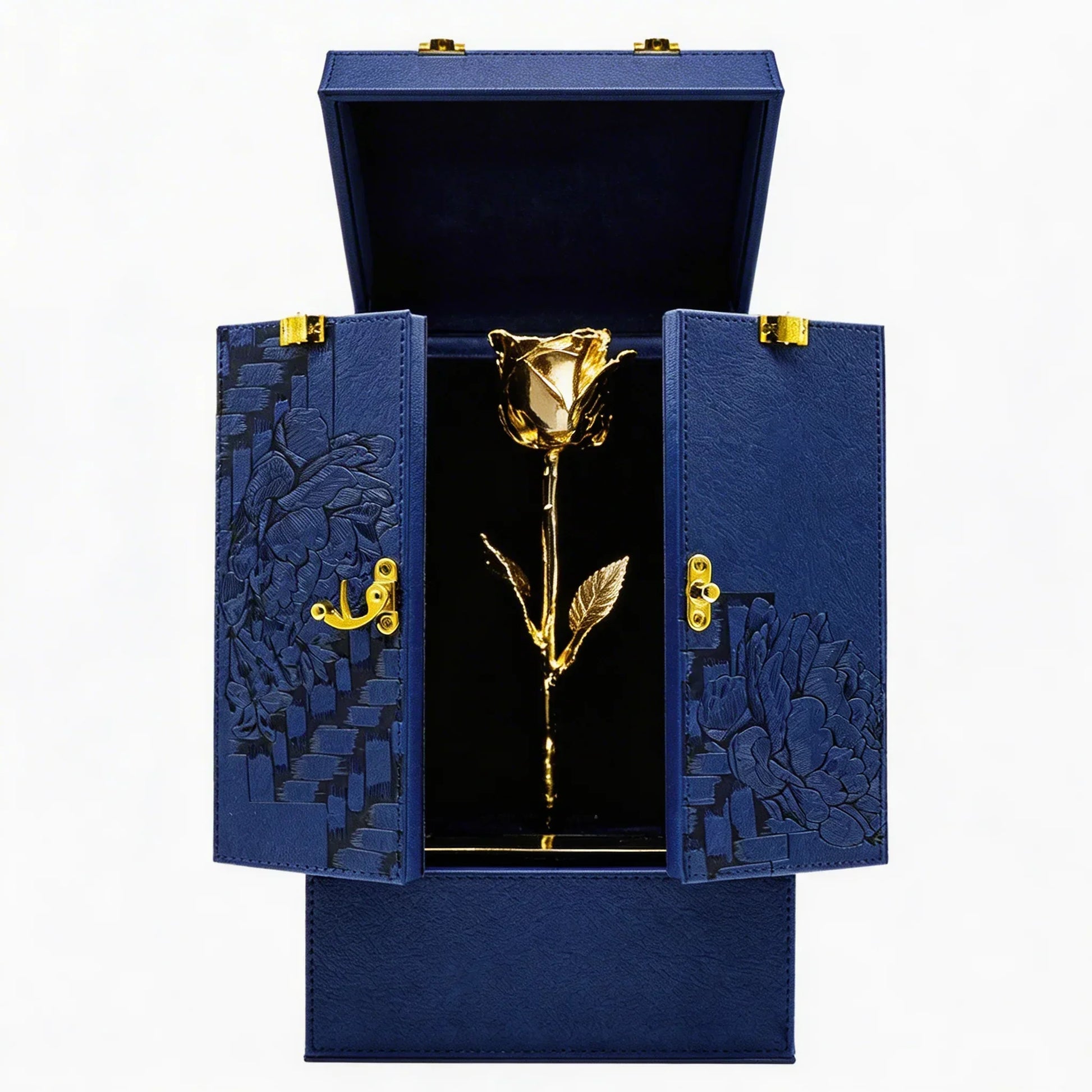 24K gold preserved rose displayed in a blue embossed presentation box, luxury gift