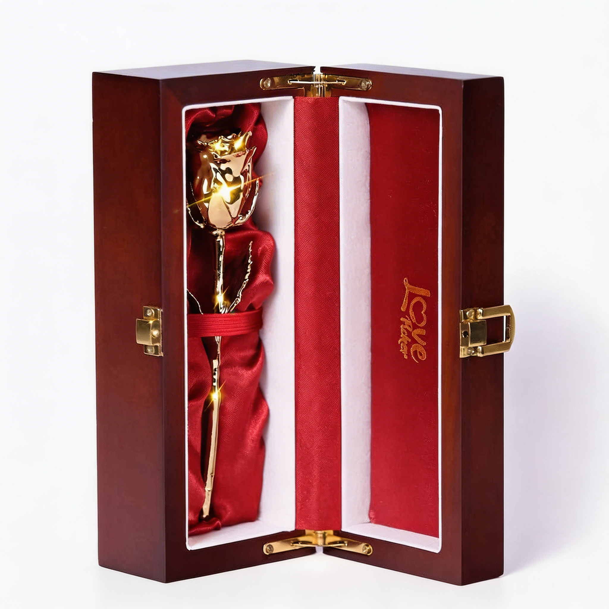 कस्टम उत्कीर्ण लकड़ी का बक्सा - 24K गोल्ड डिप्ड रोज़ 7"