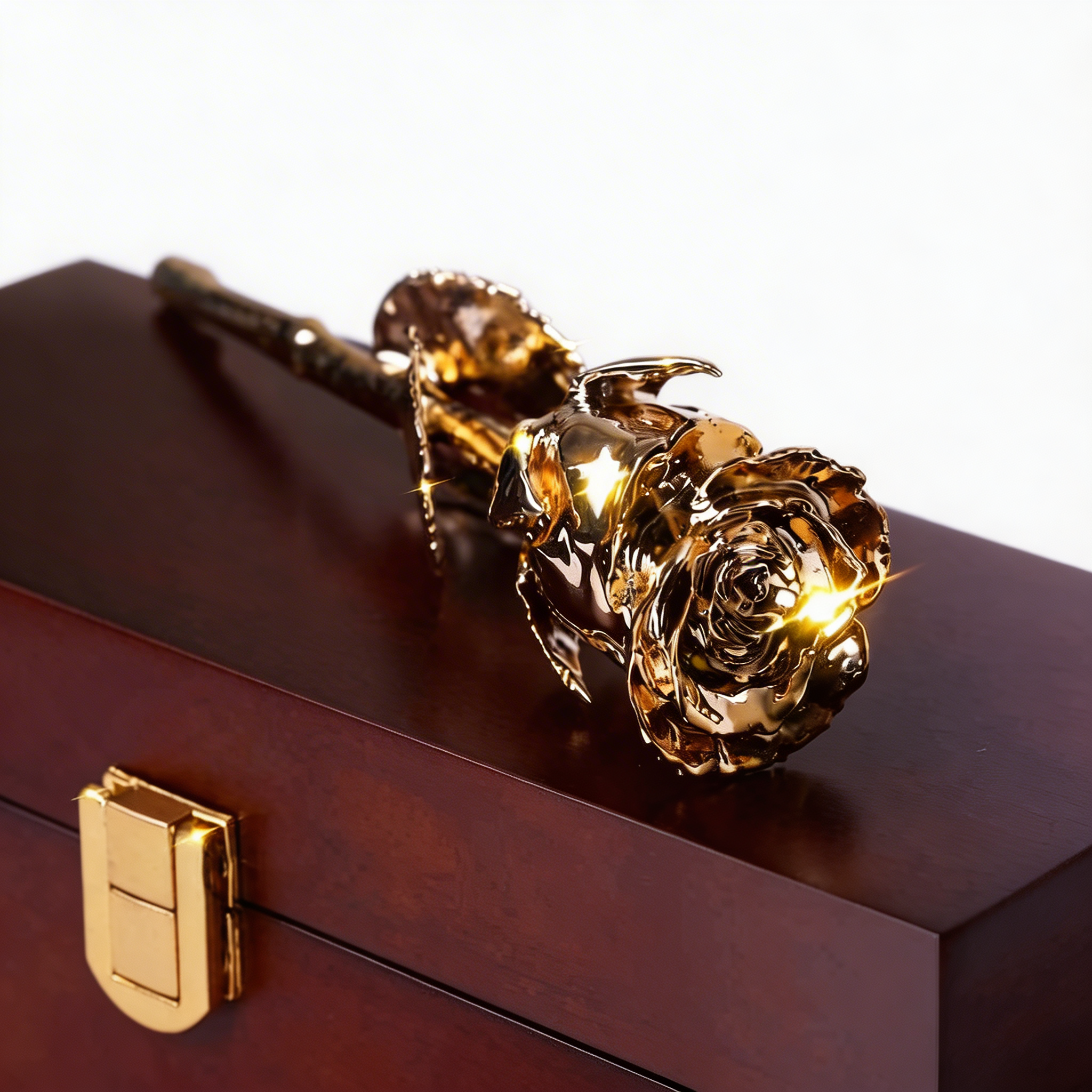 कस्टम उत्कीर्ण लकड़ी का बक्सा - 24K गोल्ड डिप्ड रोज़ 7"