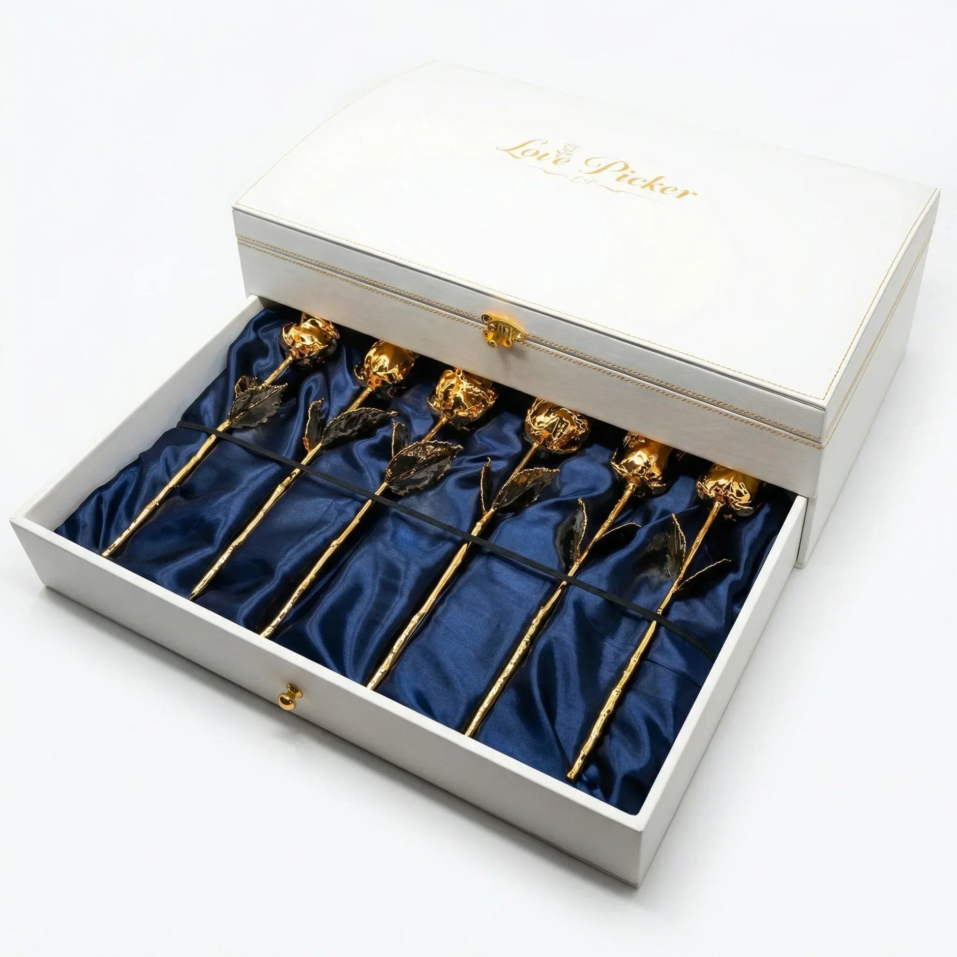 Box of six 24K gold preserved roses on blue silk, luxury gift for special occasions