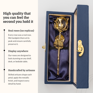 24K Gold Dipped Natural Rose 7" - Midnight Blue Real Leather Gift Box