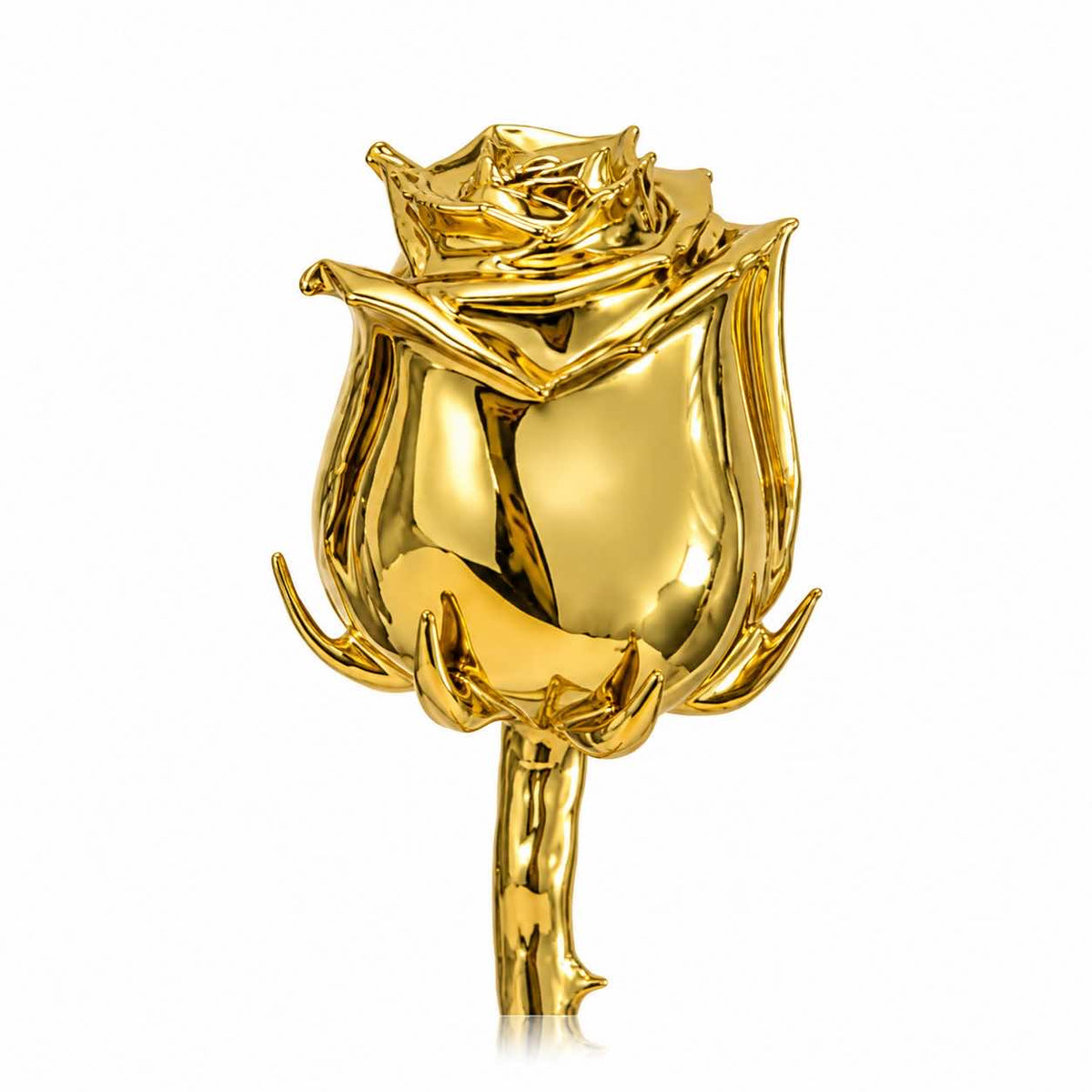 Close-up of the layered gold petals and curled sepals of a LovePicker 24K gold electroplated rose