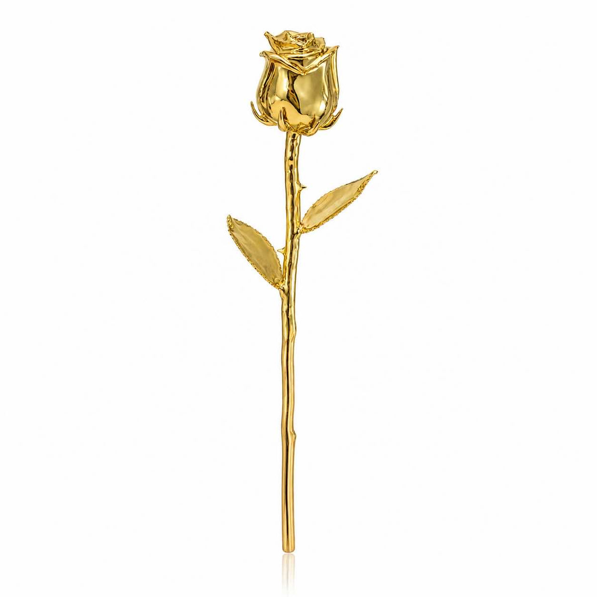 Full view of a LovePicker 24K gold electroplated rose with gold petals, stem and leaves
