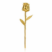 Full view of a LovePicker 24K gold electroplated rose with gold petals, stem and leaves