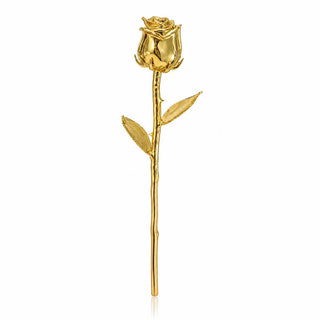 Full view of a LovePicker 24K gold electroplated rose with gold petals, stem and leaves
